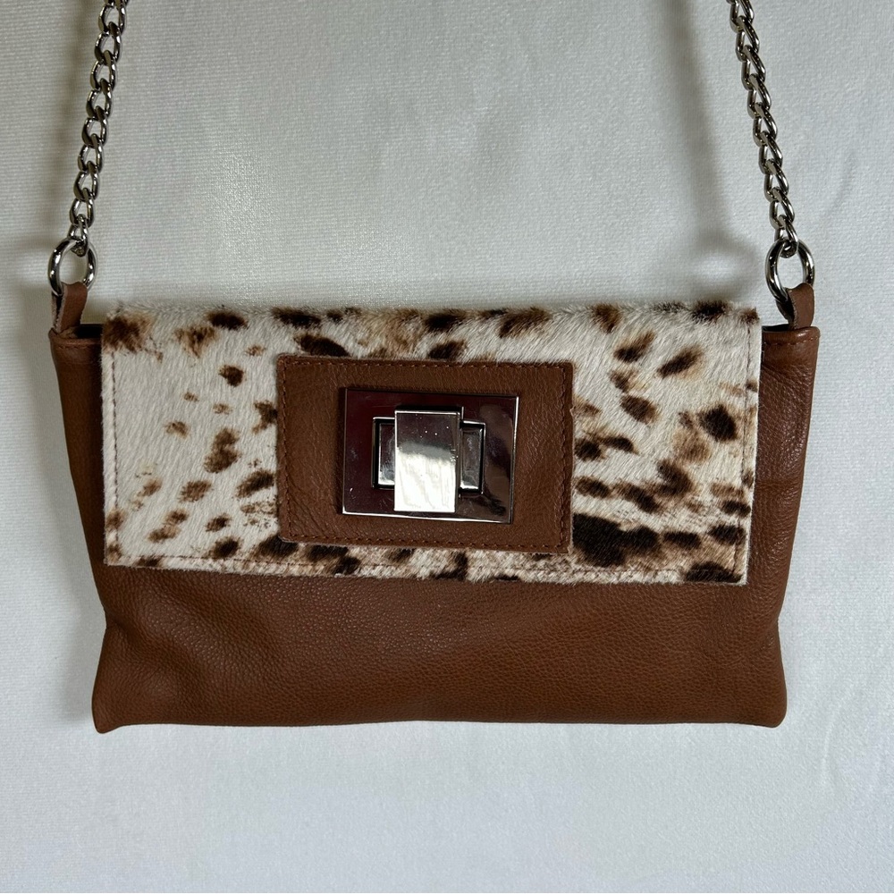 Brown leather crossbody purse clutch with cowhide flap-over & turn lock closure